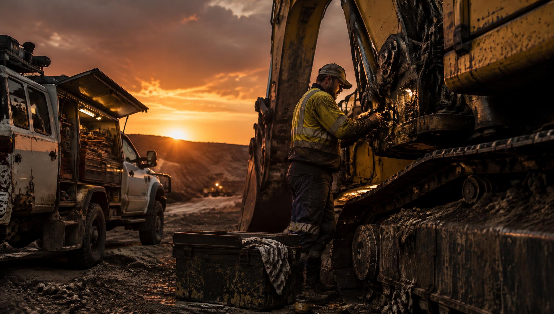 Mobile mechanic repairing an excavator on site at dusk